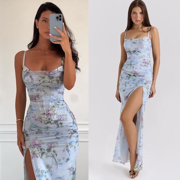 House of CB Dresses & Skirts - House of CB Lini Blue Floral Print Mesh Maxi Dress XL